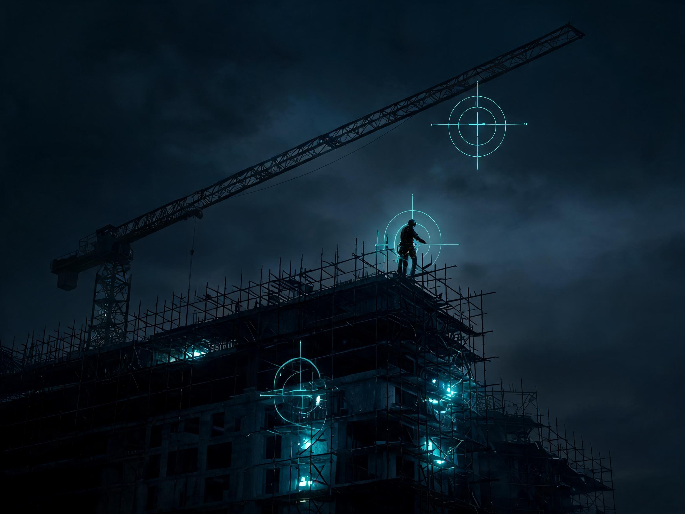 Construction site at dusk with AI detection reticles
